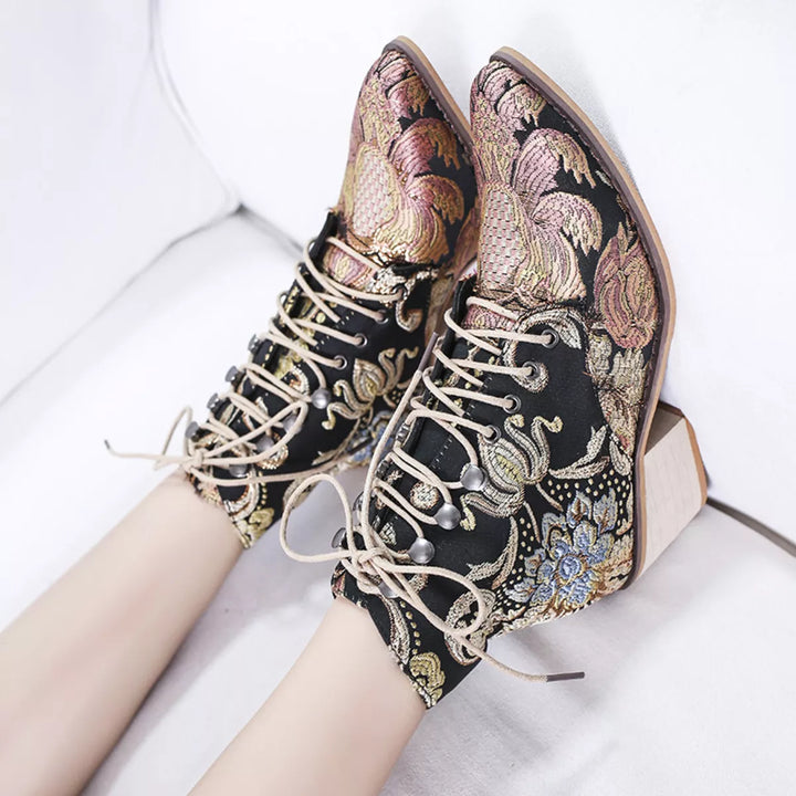 Embroidered Floral Lace-Up Ankle Boots – Vintage Boho Style