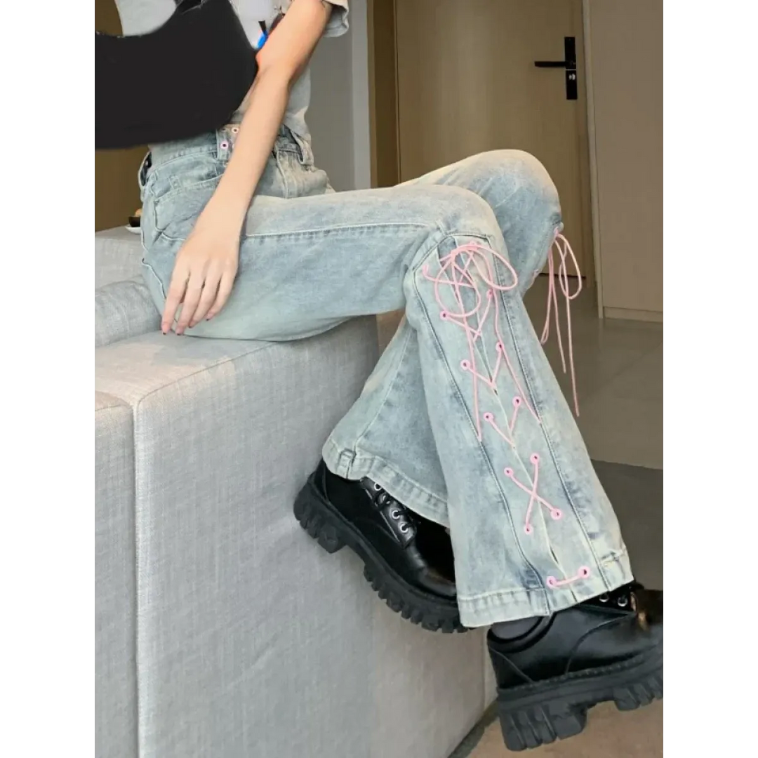 Women's Vintage Lace-Up Flare Jeans – Harajuku Wide-Leg Denim Pants