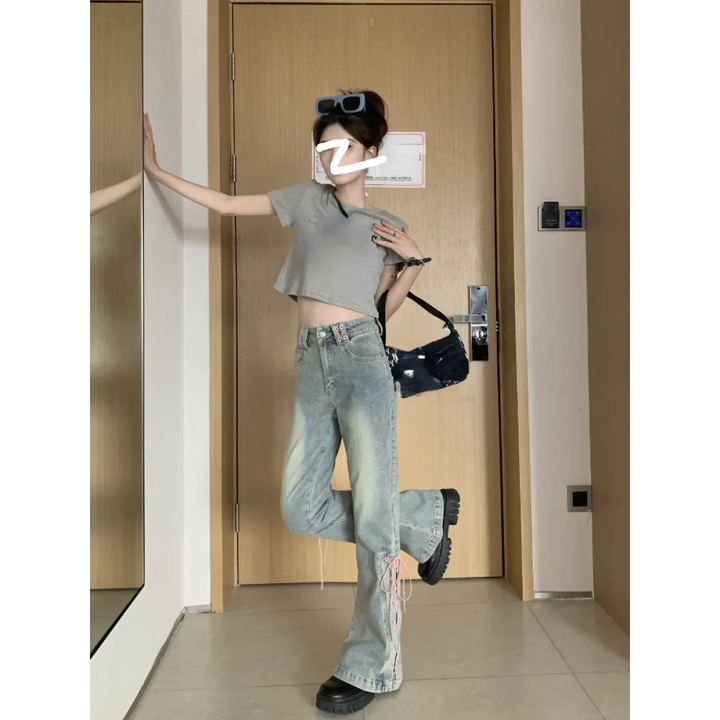 Women's Vintage Lace-Up Flare Jeans – Harajuku Wide-Leg Denim Pants