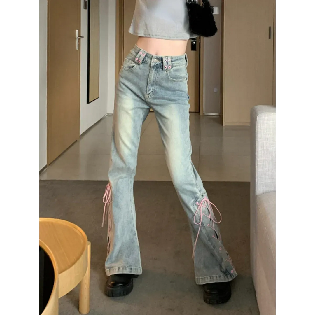 Women's Vintage Lace-Up Flare Jeans – Harajuku Wide-Leg Denim Pants