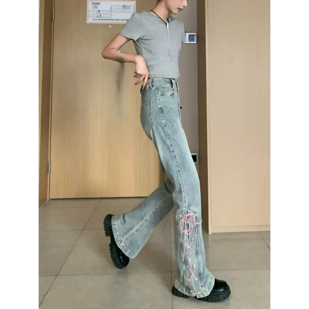 Women's Vintage Lace-Up Flare Jeans – Harajuku Wide-Leg Denim Pants