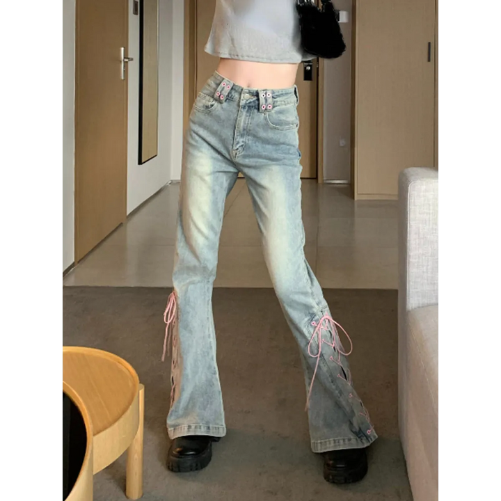 Women's Vintage Lace-Up Flare Jeans – Harajuku Wide-Leg Denim Pants