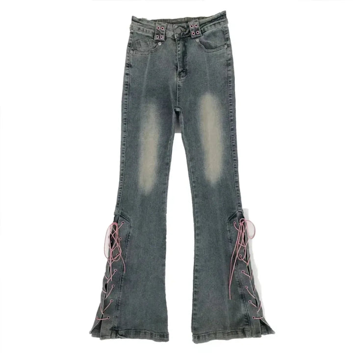 Women's Vintage Lace-Up Flare Jeans – Harajuku Wide-Leg Denim Pants