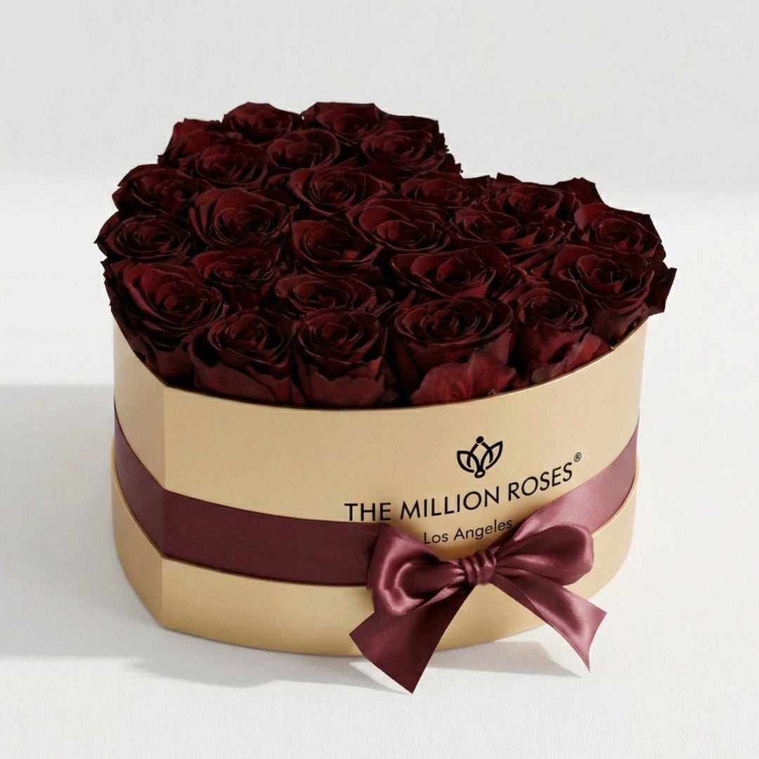 Heart Gold Box with Burgundy Roses – Luxury Preserved Rose Gift