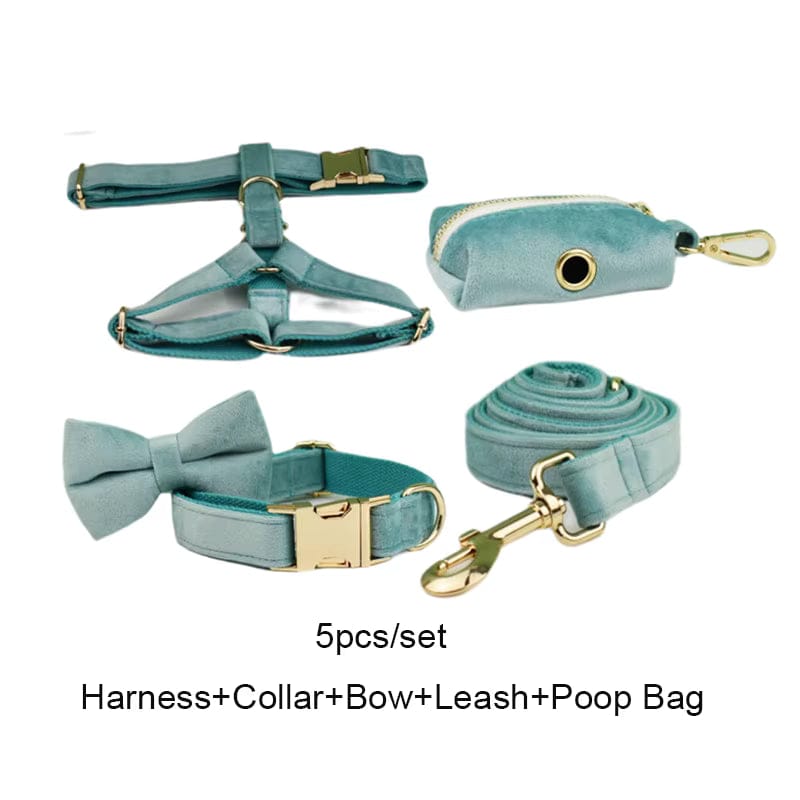 Green Ocean Velvet Personalized Dog Harness, Collar & Leash Set