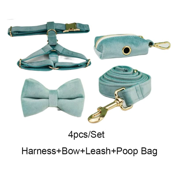 Green Ocean Velvet Personalized Dog Harness, Collar & Leash Set