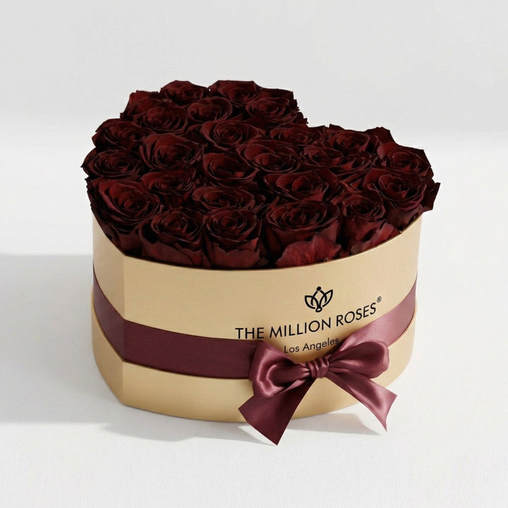 Heart Gold Box with Burgundy Roses – Luxury Preserved Rose Gift