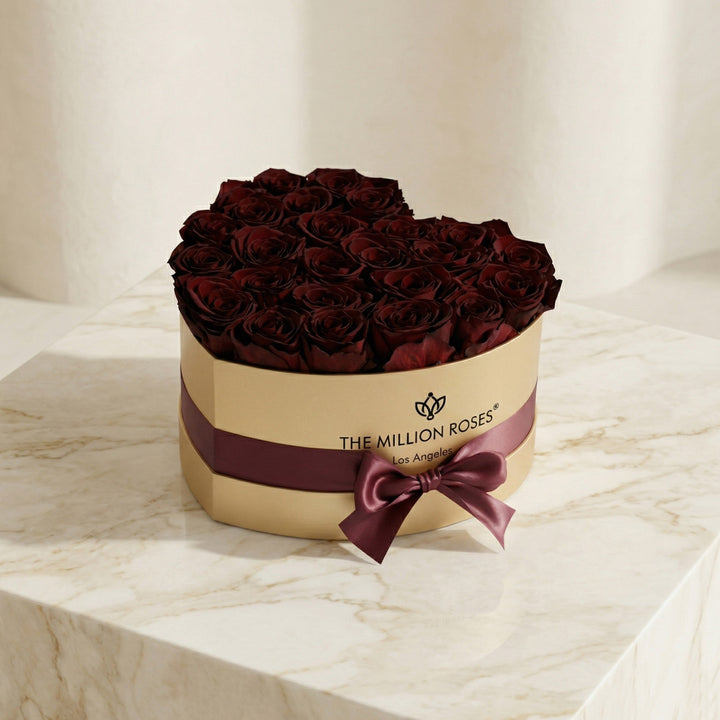 Heart Gold Box with Burgundy Roses – Luxury Preserved Rose Gift