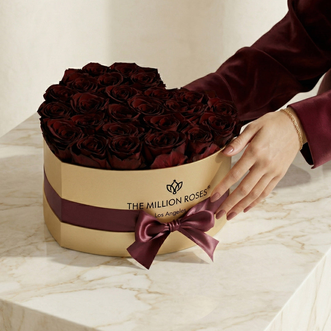 Heart Gold Box with Burgundy Roses – Luxury Preserved Rose Gift