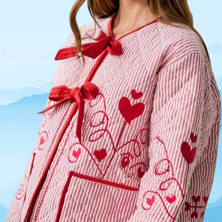 Embroidered Tied Striped Round Neck Coat