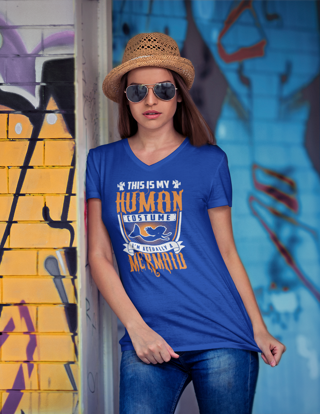 Unisex V-Neck Tee – Human Mermaid Graphic Shirt for Beach & Summer Casual Wear