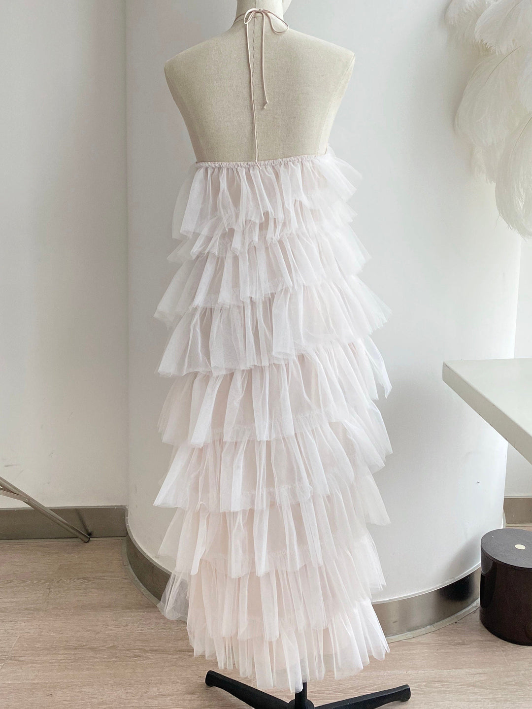 Halter Sliding Ruffle Layered Hem Tulle Prom Dress