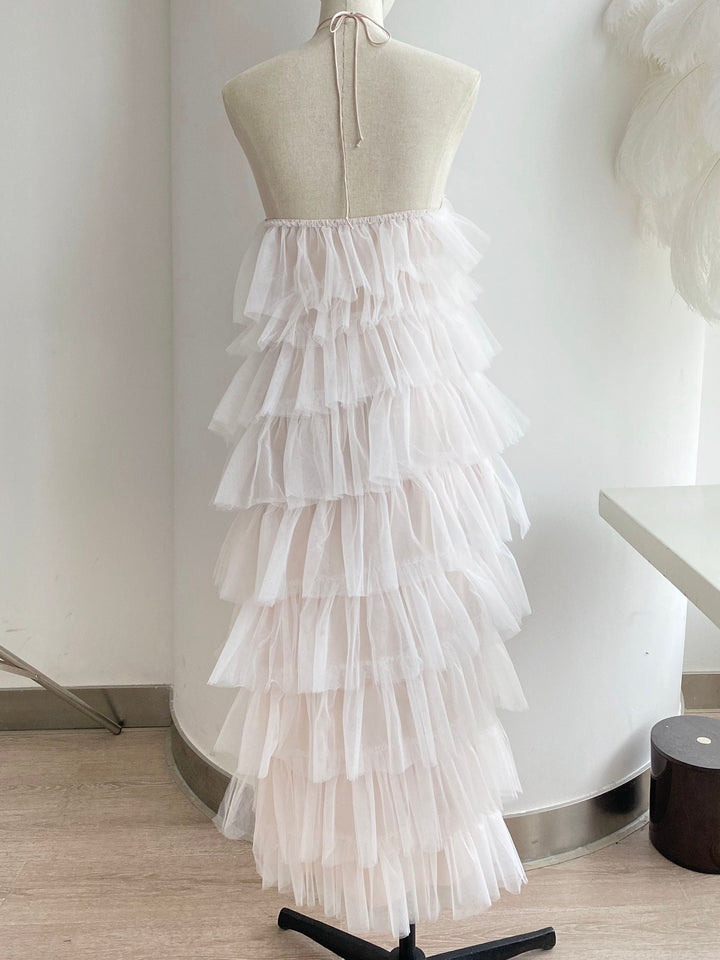 Halter Sliding Ruffle Layered Hem Tulle Prom Dress