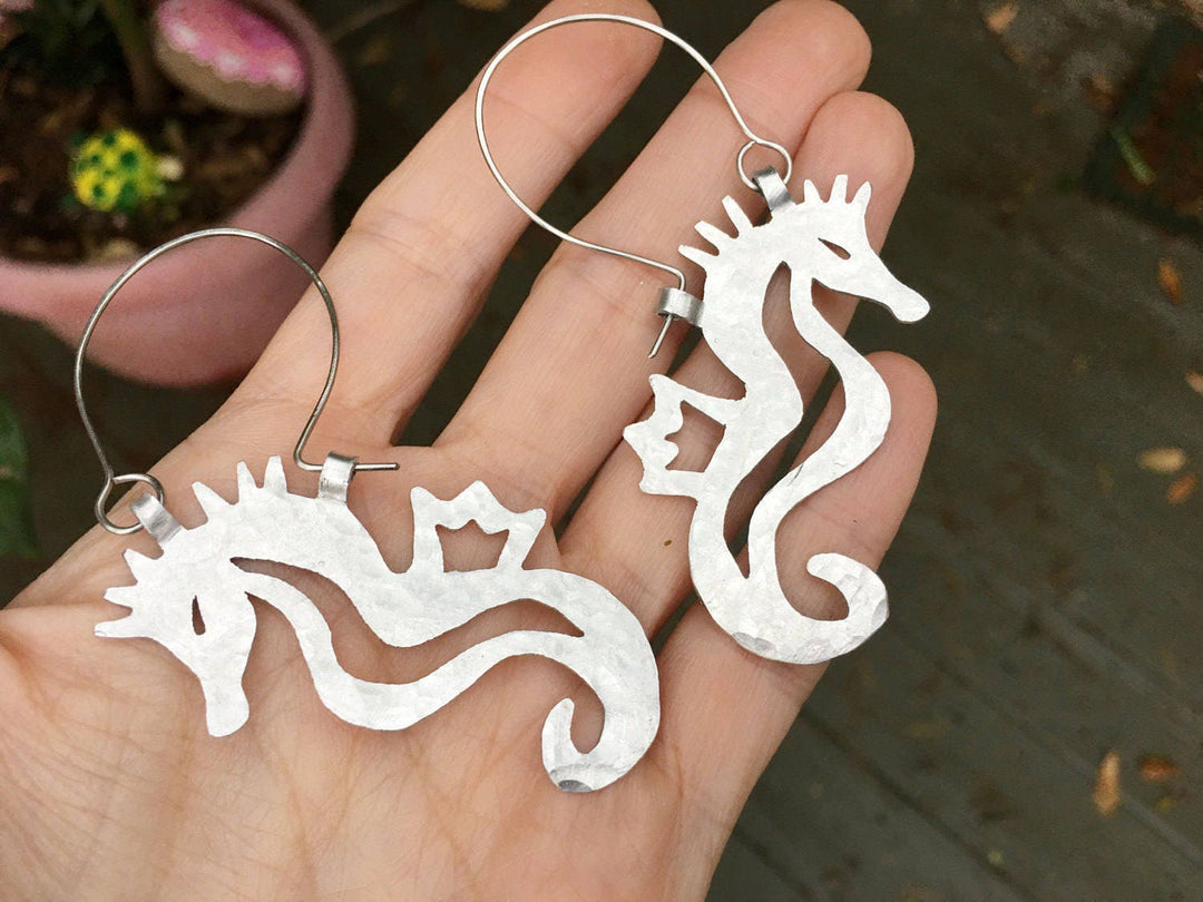 Handmade Seahorse Hoop Earrings | Ocean-Inspired Metal Jewelry