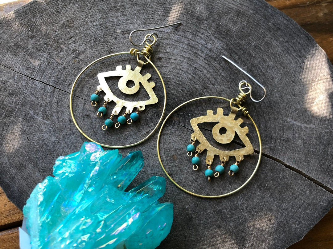 Handmade Evil Eye Earrings | Brass Hoop Dangle Statement Earrings
