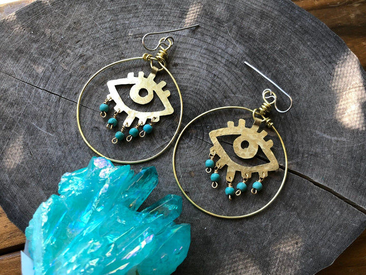 Handmade Evil Eye Earrings | Brass Hoop Dangle Statement Earrings