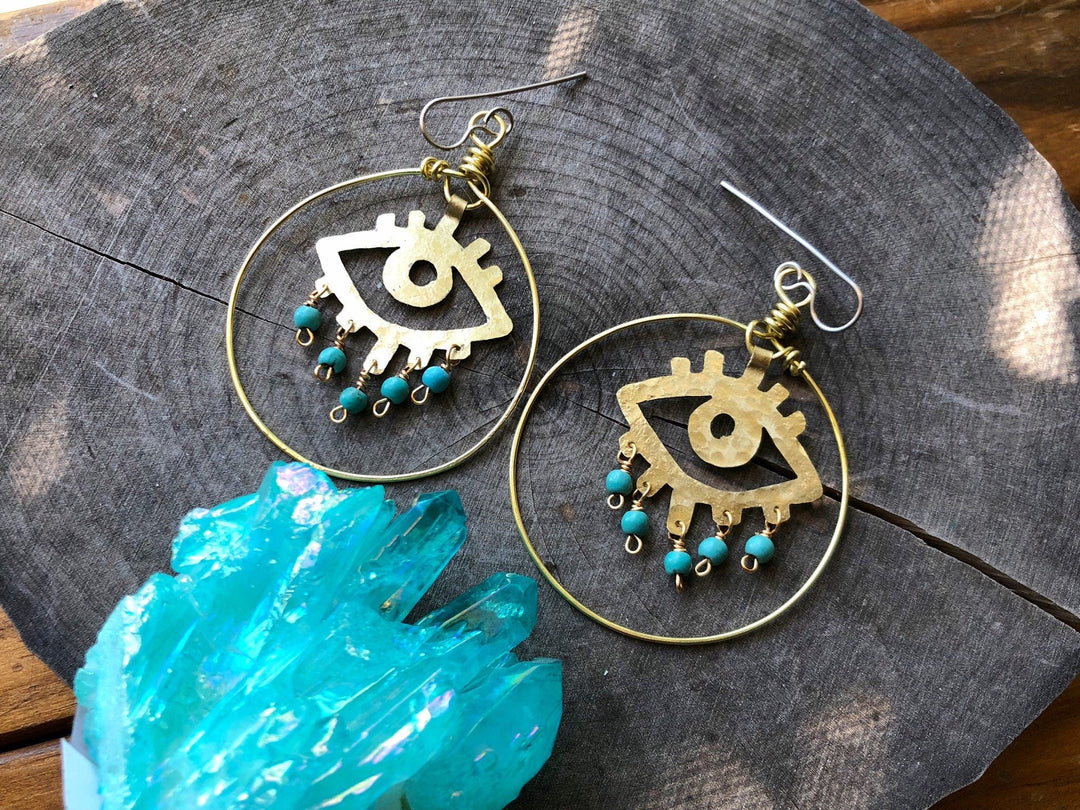 Handmade Evil Eye Earrings | Brass Hoop Dangle Statement Earrings