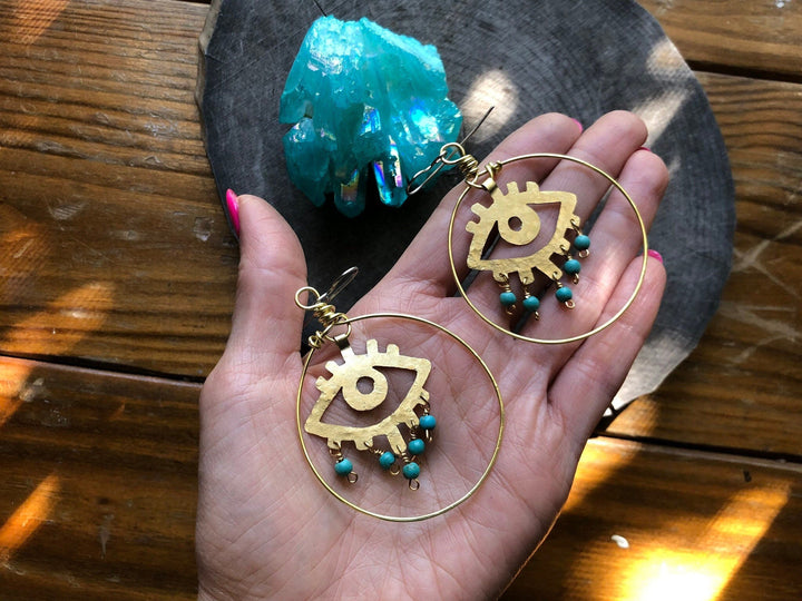 Handmade Evil Eye Earrings | Brass Hoop Dangle Statement Earrings