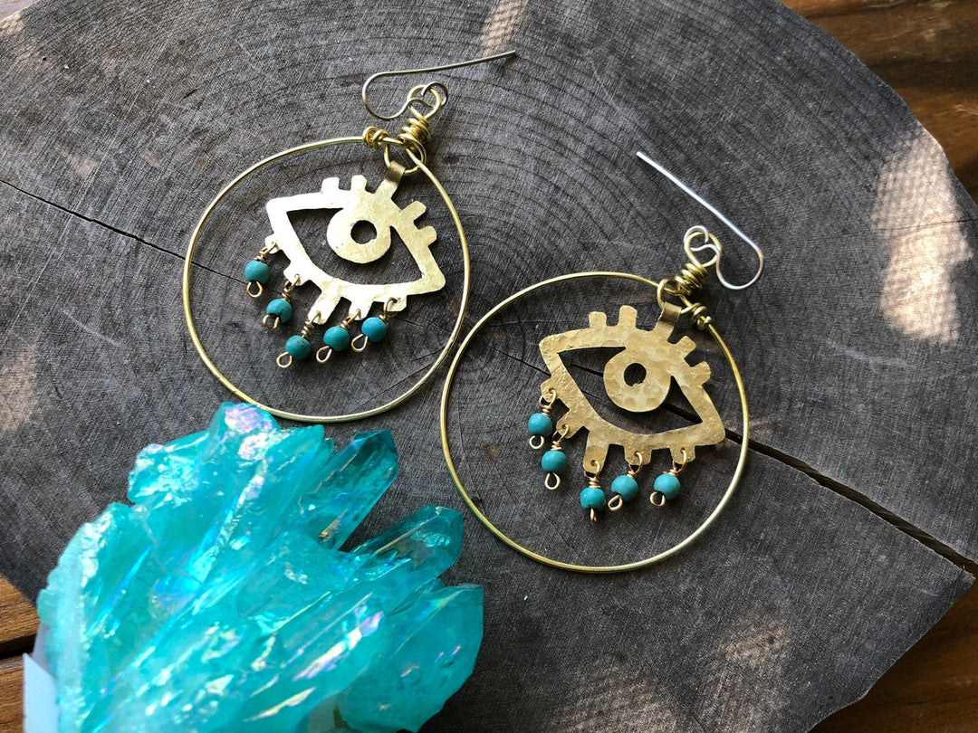 Handmade Evil Eye Earrings | Brass Hoop Dangle Statement Earrings