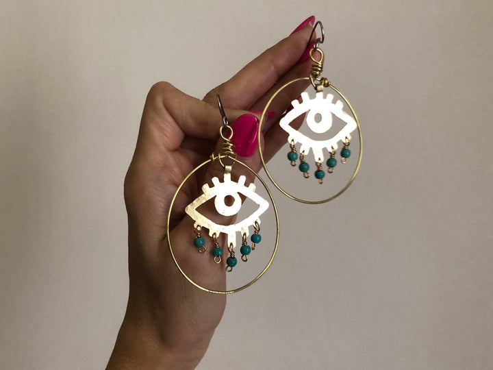 Handmade Evil Eye Earrings | Brass Hoop Dangle Statement Earrings
