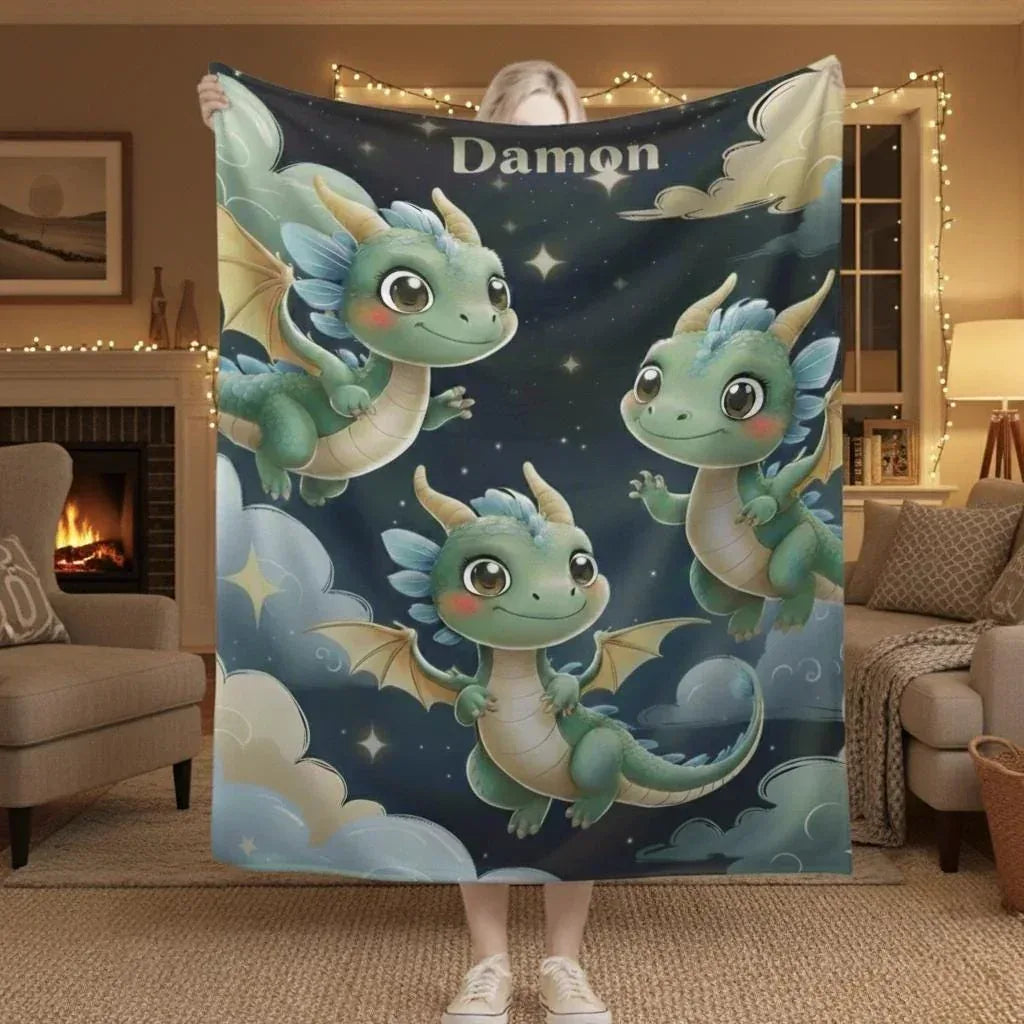 Personalized Green Dragon Blanket – Starry Night Fantasy Throw