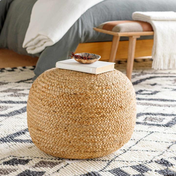 Kaumakani Knitted Jute Round Pouf – Natural Fiber Ottoman & Footrest