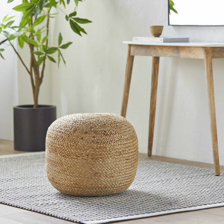 Kaumakani Knitted Jute Round Pouf – Natural Fiber Ottoman & Footrest