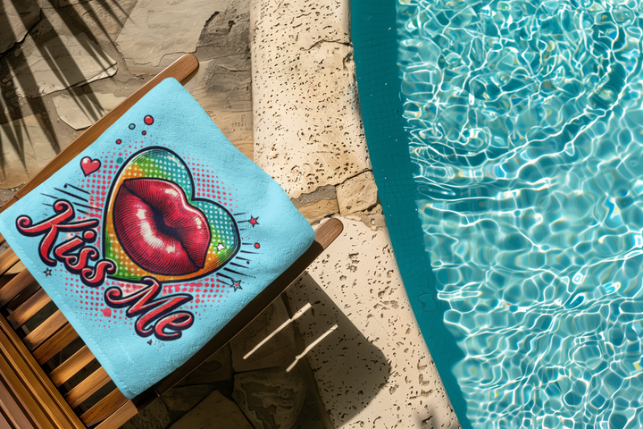 Colorful Kiss Me Beach Towel, Fun Summer Accessory, Poolside Essential, Vacation Must-Have, Romantic Gift Idea