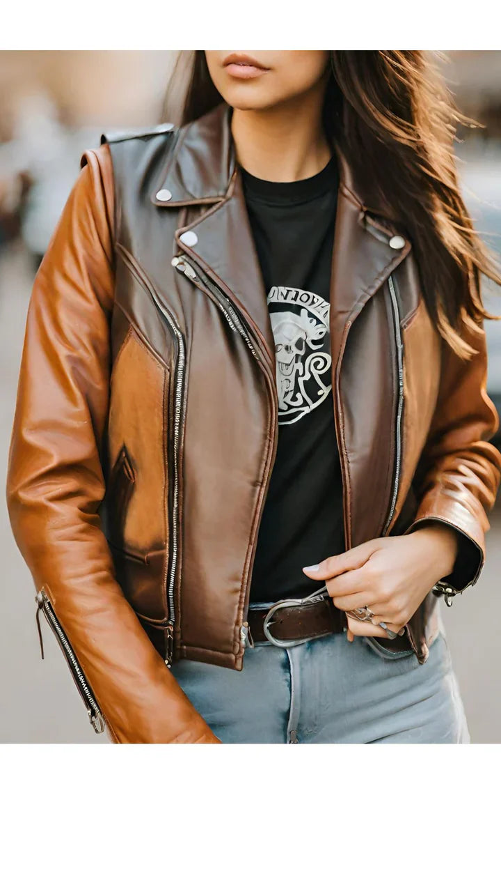 Women’s Two-Tone Brown Biker Racer Leather Vest