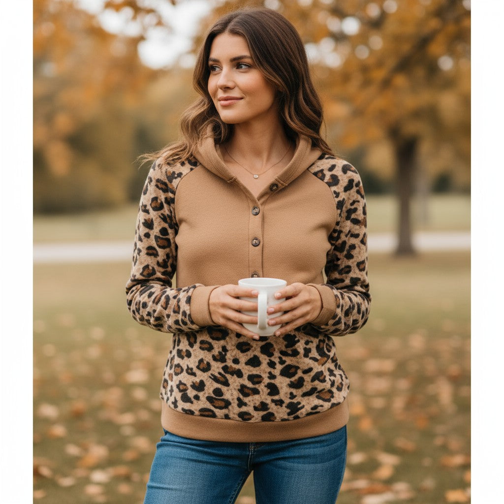 Leopard Half Button Long Sleeve Hoodie
