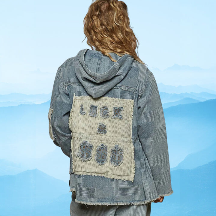 POL Raw Hem Drawstring Zip Up Hooded Denim Jacket