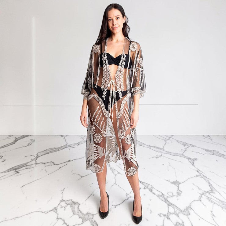 Lux Lace Tie Knot Closure Cover-Up Kimono Poncho