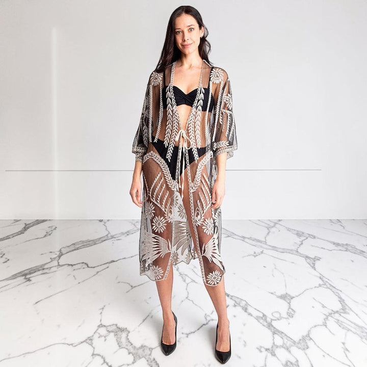 Lux Lace Tie Knot Closure Cover-Up Kimono Poncho