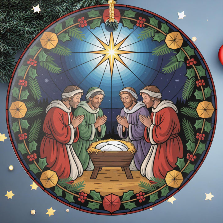 Manger Ceramic Christmas Ornament – Nativity Scene Tree Decoration & Religious Holiday Keepsake