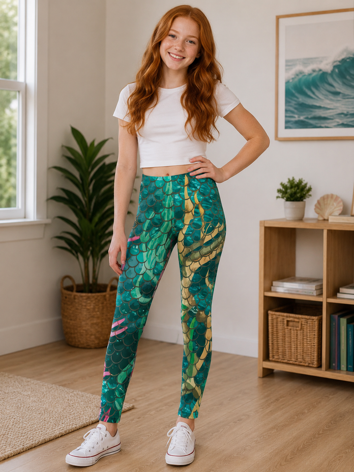 Youth Leggings - Vibrant Mermaid Scale Design for Active Girls