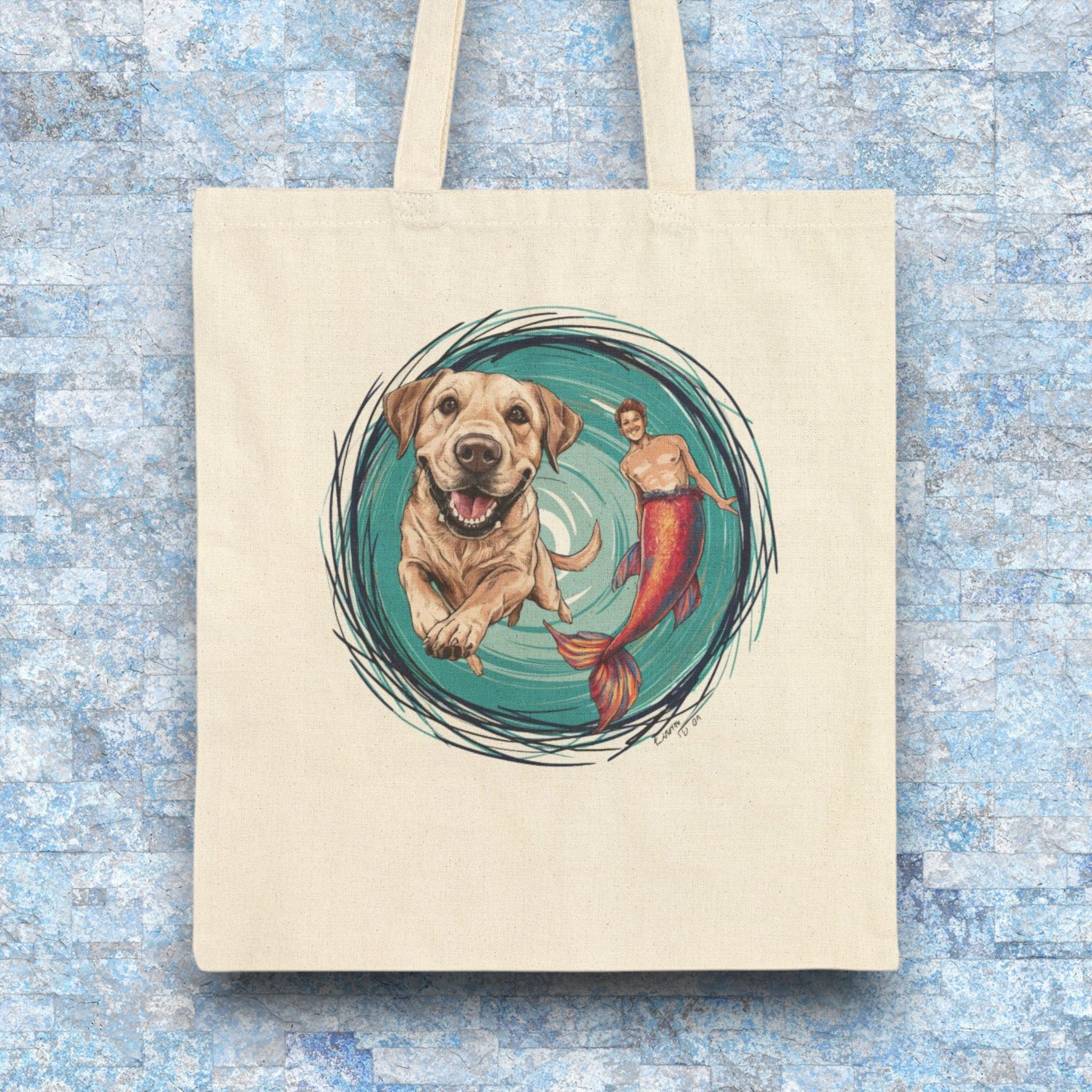 Cotton Canvas Tote Bag - Merman and His Dog – Sea Dragon Dreams