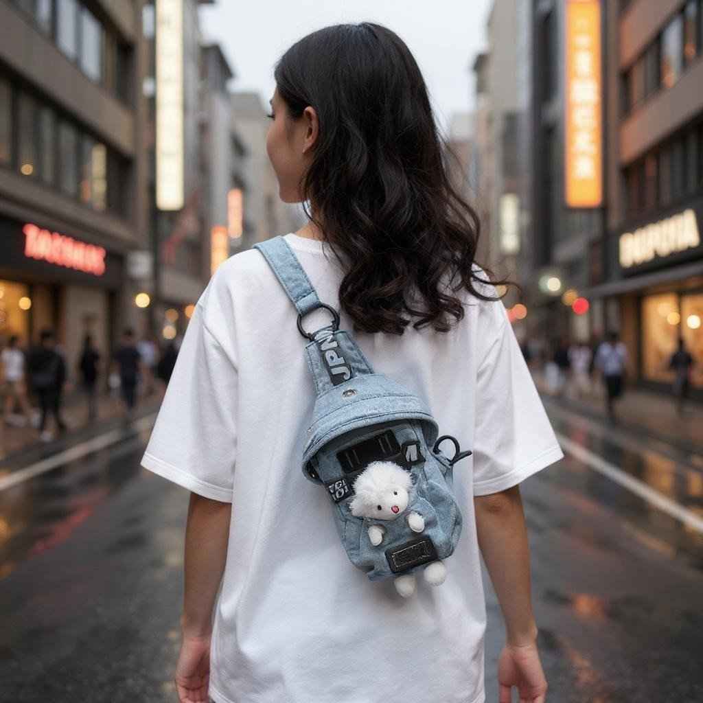 Kawaii Denim Crossbody Sling Bag with Sheep Charm Adjustable Strap
