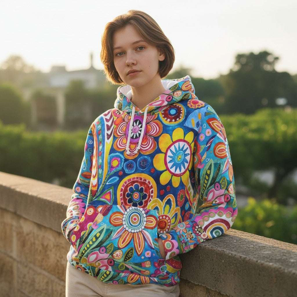Vibrant Floral Unisex Pullover Hoodie – Colorful Bohemian Style for Every Day