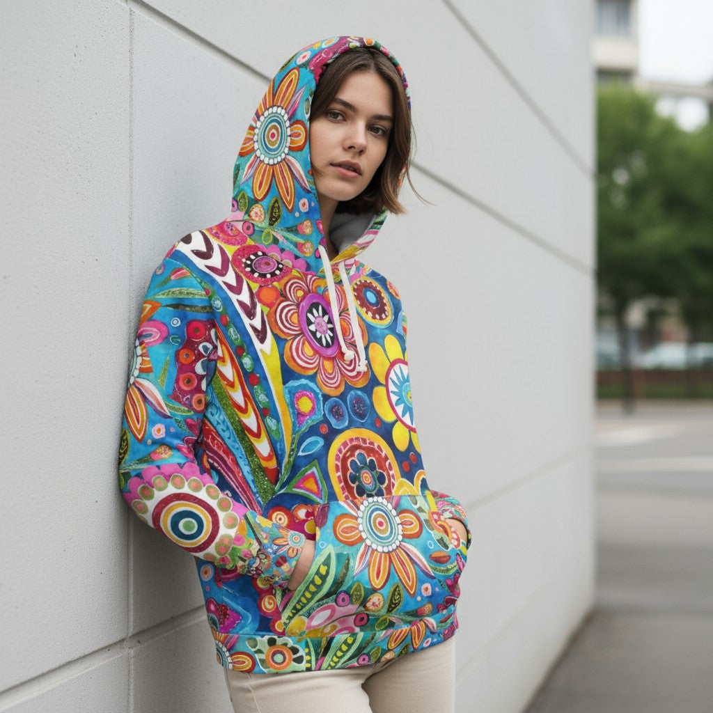 Vibrant Floral Unisex Pullover Hoodie – Colorful Bohemian Style for Every Day