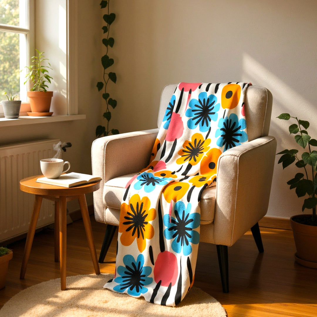 Mod Flowers Sherpa Fleece Blanket – Cozy Floral Plush Throw for Home