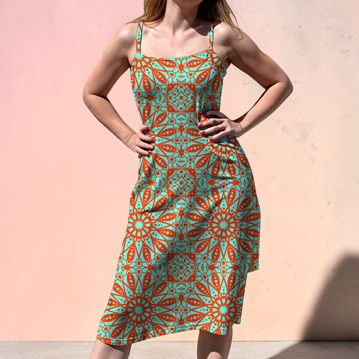 Lacey Orange Print Women's sleeveless suspender dress