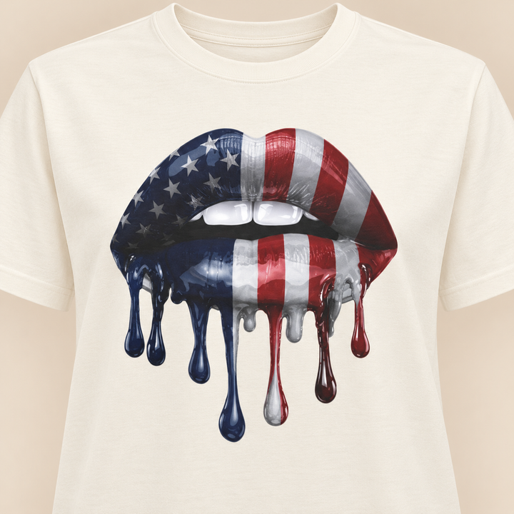 Patriotic Women's Boxy Tee with Dripping Lips Design