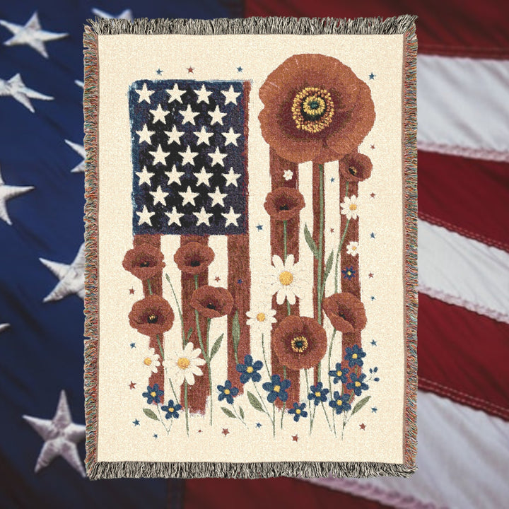 Patriotic Flowers Woven Blanket – Cozy Americana Throw, USA Flag Décor