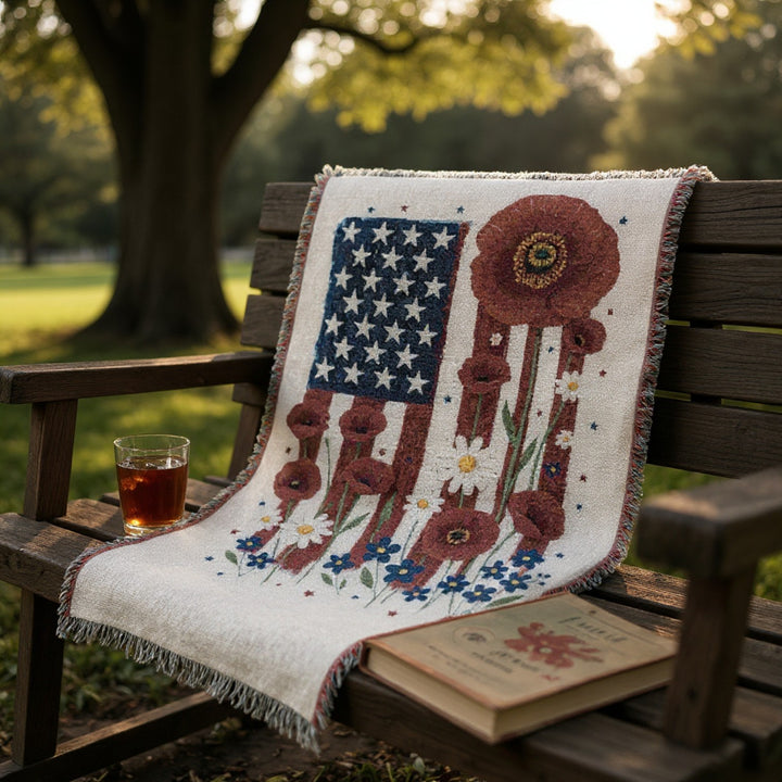 Patriotic Flowers Woven Blanket – Cozy Americana Throw, USA Flag Décor