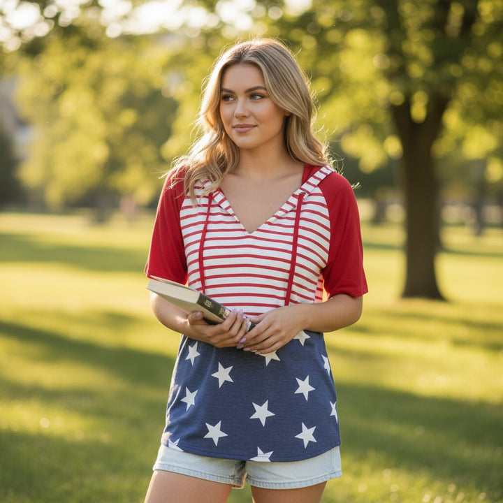 Stars and Stripes Print Drawstring Hoodie