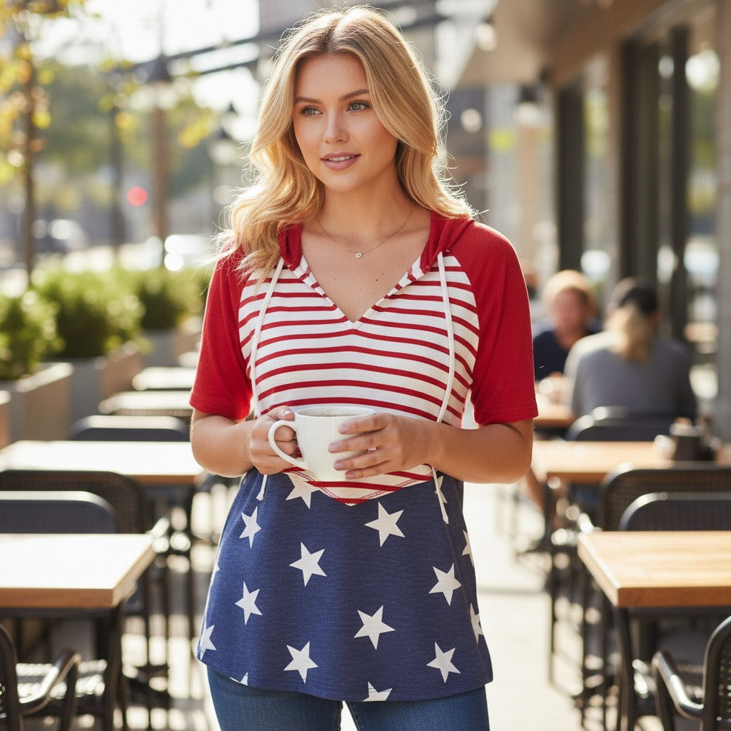 Stars and Stripes Print Drawstring Hoodie