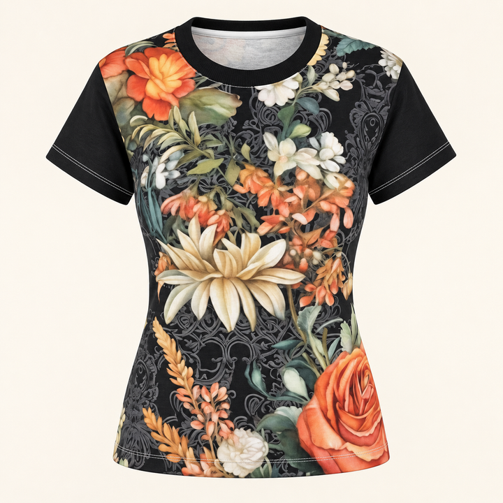 Peach Floral Print Women's Tee, Vibrant Cut & Sew T-Shirt, Summer Style, Casual Fashion, Everyday Wear, Gift for Her