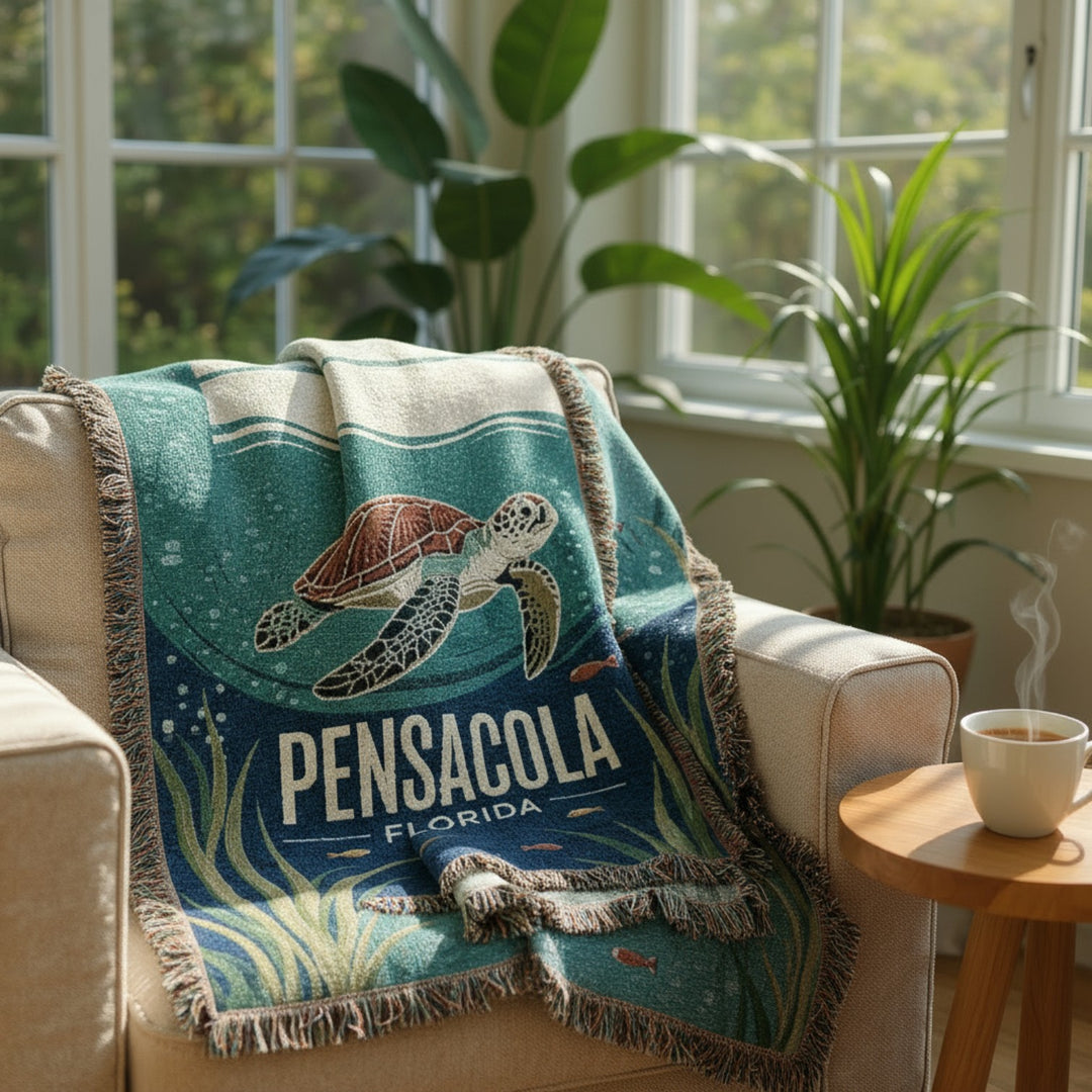 Pensacola Florida Cozy Beach-Themed Woven Blanket – Turtle Design