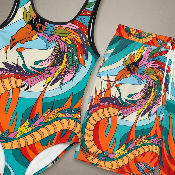 Vibrant Phoenix Dragon Print Unisex Swim Shorts