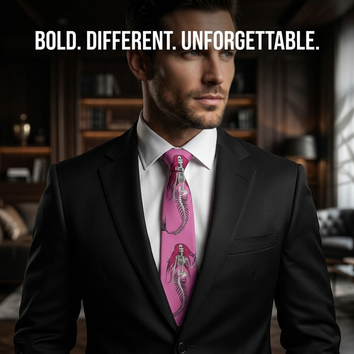 Pink Mermaid Skeleton Necktie – Unique Gothic Ocean Tie